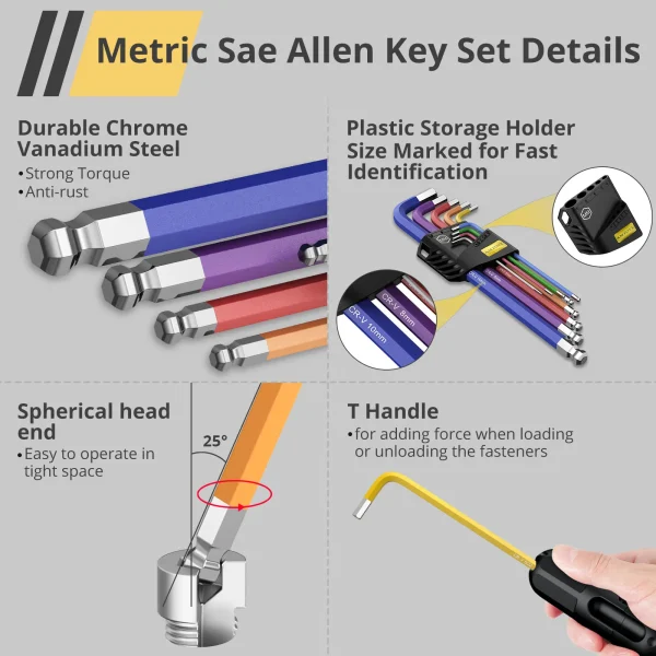 Hex Keys Coloured Set 18 Pieces SAE Metric Long Arm Ball End Hex Key Allen Wrench Set T-Handle Wrenches Set Tools - Image 4
