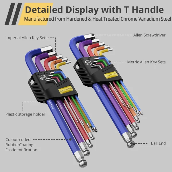 Hex Keys Coloured Set 18 Pieces SAE Metric Long Arm Ball End Hex Key Allen Wrench Set T-Handle Wrenches Set Tools - Image 3