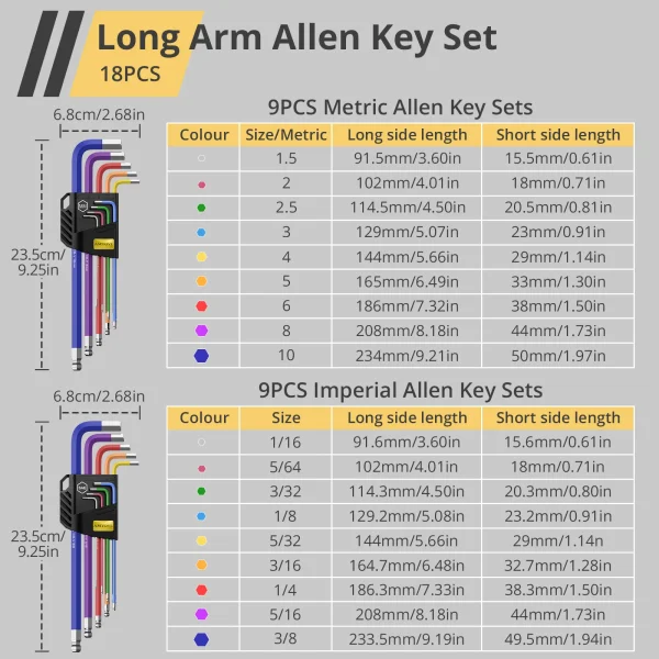 Hex Keys Coloured Set 18 Pieces SAE Metric Long Arm Ball End Hex Key Allen Wrench Set T-Handle Wrenches Set Tools - Image 2